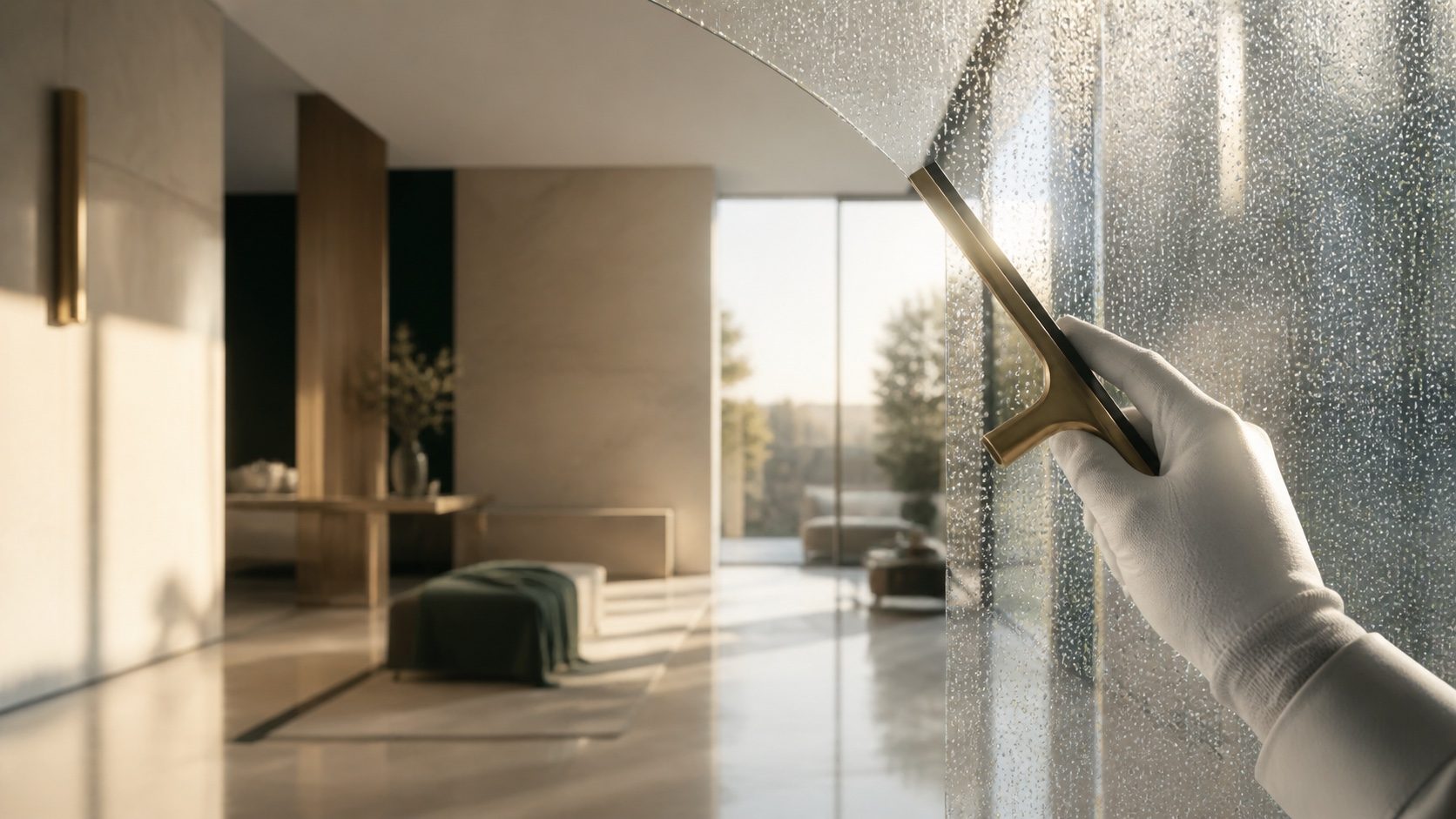 A squeegee finishing a floor-to-ceiling window