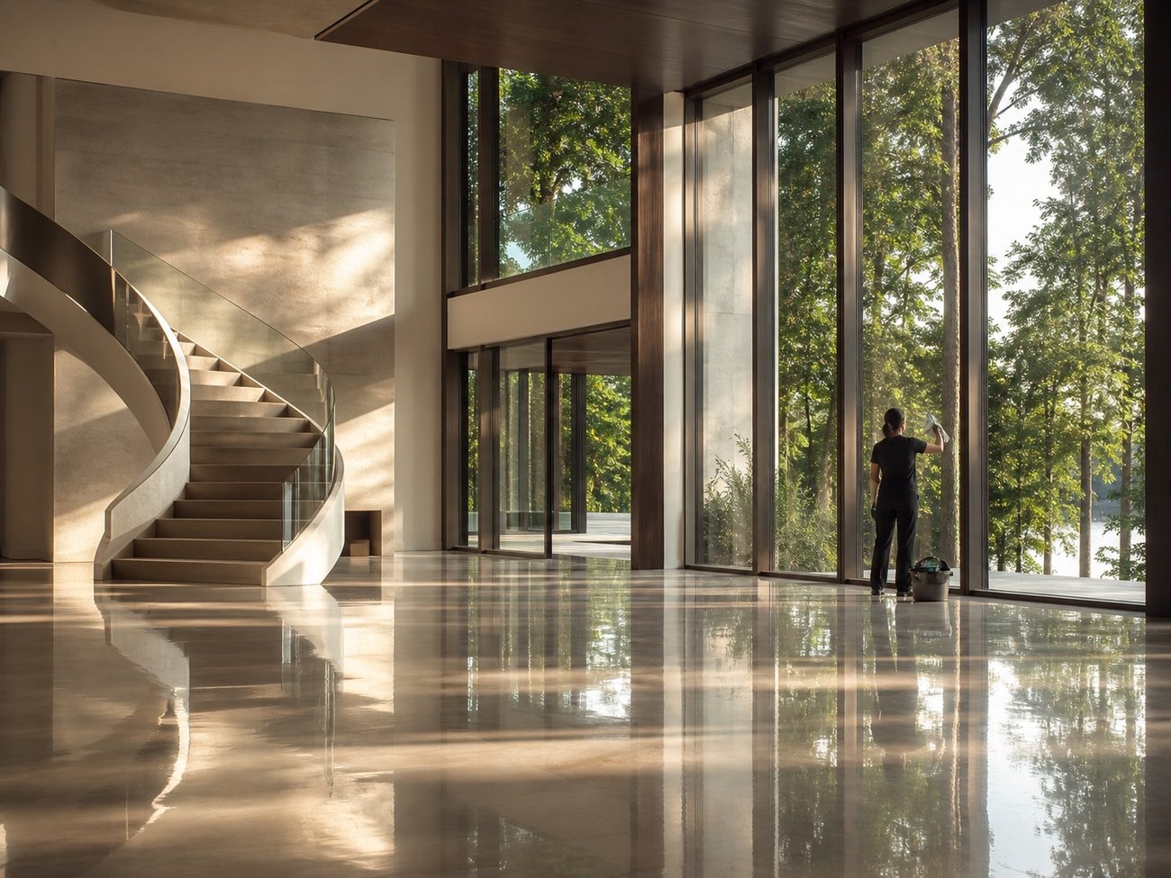 A sunlit stairwell and floor after a deep clean